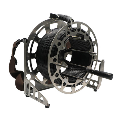 Portable subsea cable winch on ground-stand base with top carry handle and skeletonized lightweight drum