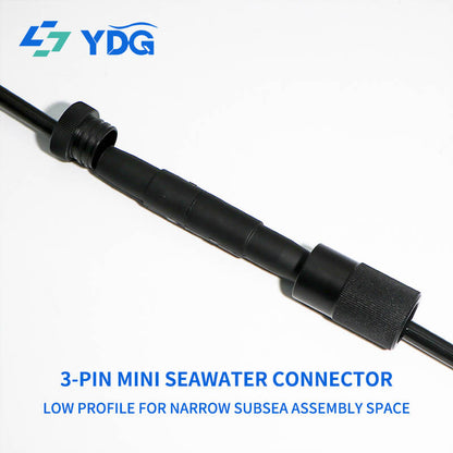 Mated 3-pin male and female inline cable connectors in side view