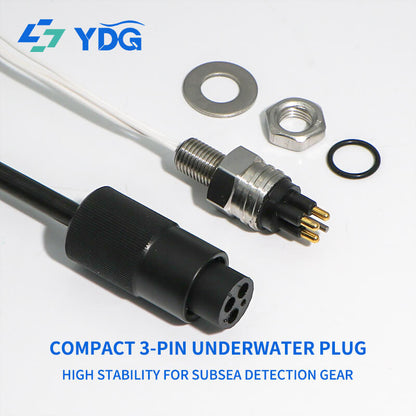 3-pin male bulkhead connector with mounting hardware beside a female inline cable connector