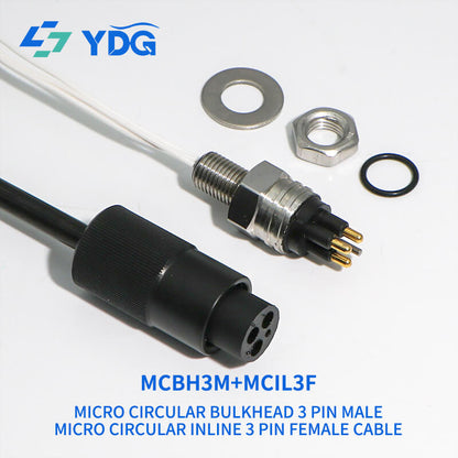 MCBH3M male bulkhead connector with mounting hardware and MCIL3F female inline cable connector