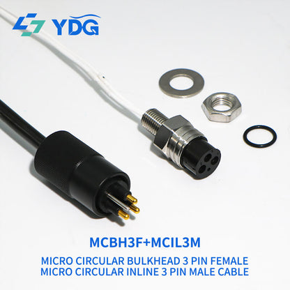 MCBH3F female bulkhead connector with mounting hardware and MCIL3M male inline cable connector