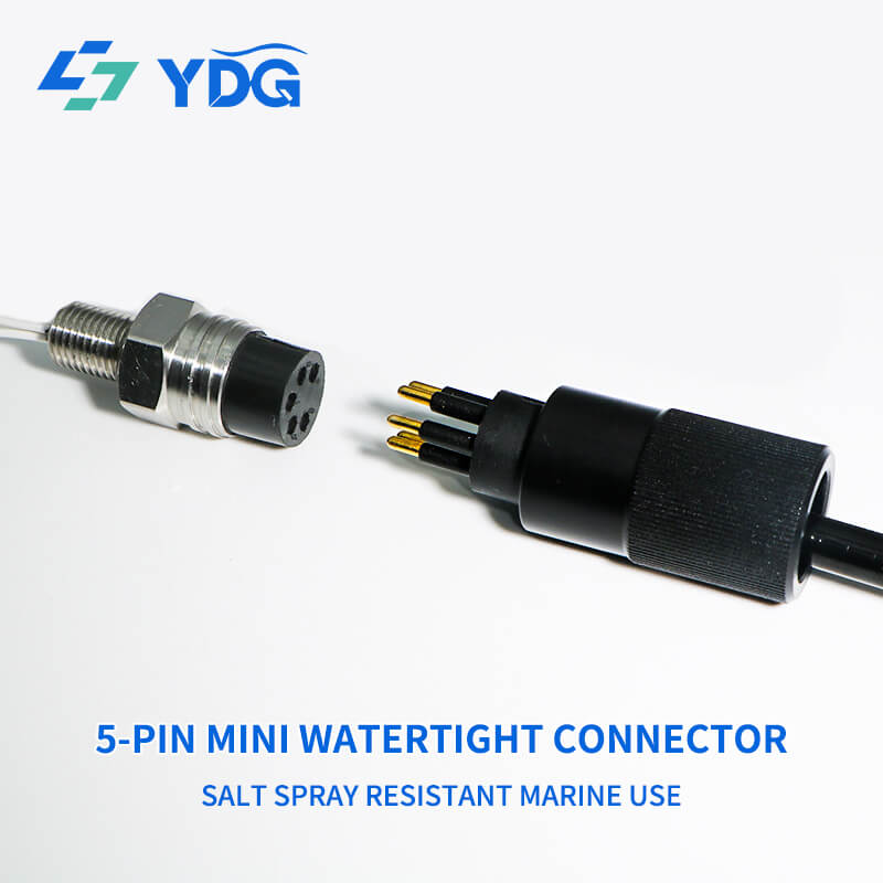 Five-pin male inline plug facing a female threaded bulkhead connector