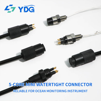 Five-pin subsea connector configurations showing male and female inline and bulkhead ends