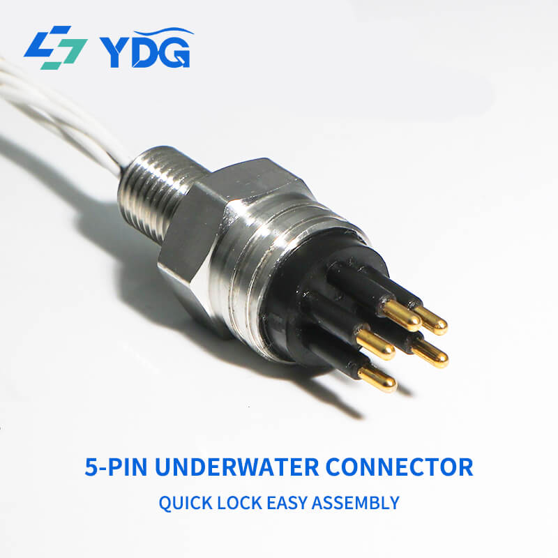 Close-up of a 5-pin male bulkhead connector with gold-plated contacts and threaded metal housing