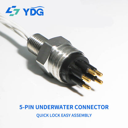Close-up of a 5-pin male bulkhead connector with gold-plated contacts and threaded metal housing