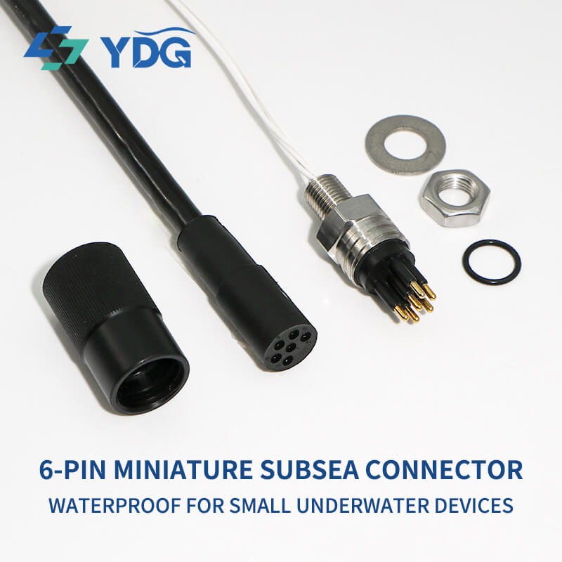 Six-pin miniature subsea connector set with inline cable and bulkhead connector components