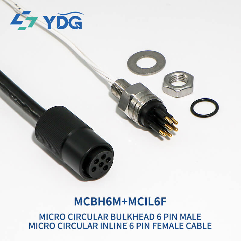 MCBH6M bulkhead male and MCIL6F inline female six-contact connector pair with mounting hardware