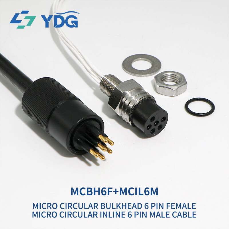 MCBH6F bulkhead female and MCIL6M inline male six-contact connector pair with mounting hardware