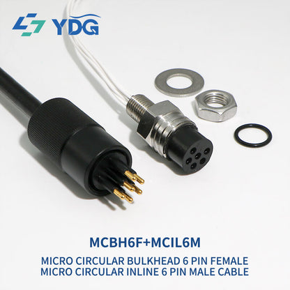 MCBH6F bulkhead female and MCIL6M inline male six-contact connector pair with mounting hardware